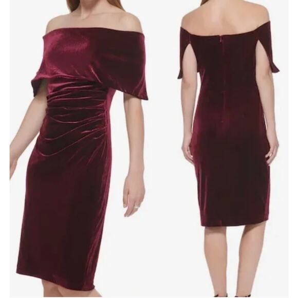 Vince Camuto Dresses & Skirts - $178 Vince Camuto Ruched Off-The-Shoulder Velvet Holiday Dress | Sz 6, Wine NEW!